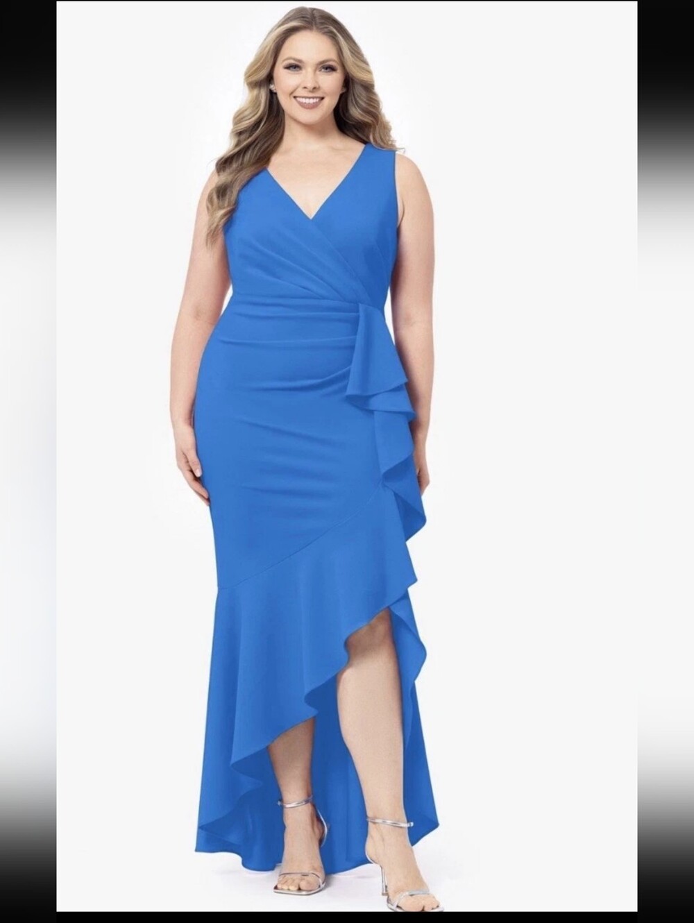 Betsy & Adam NWT Blue Ruffle High Low Formal Maxi Dress Plus Size 18W $269